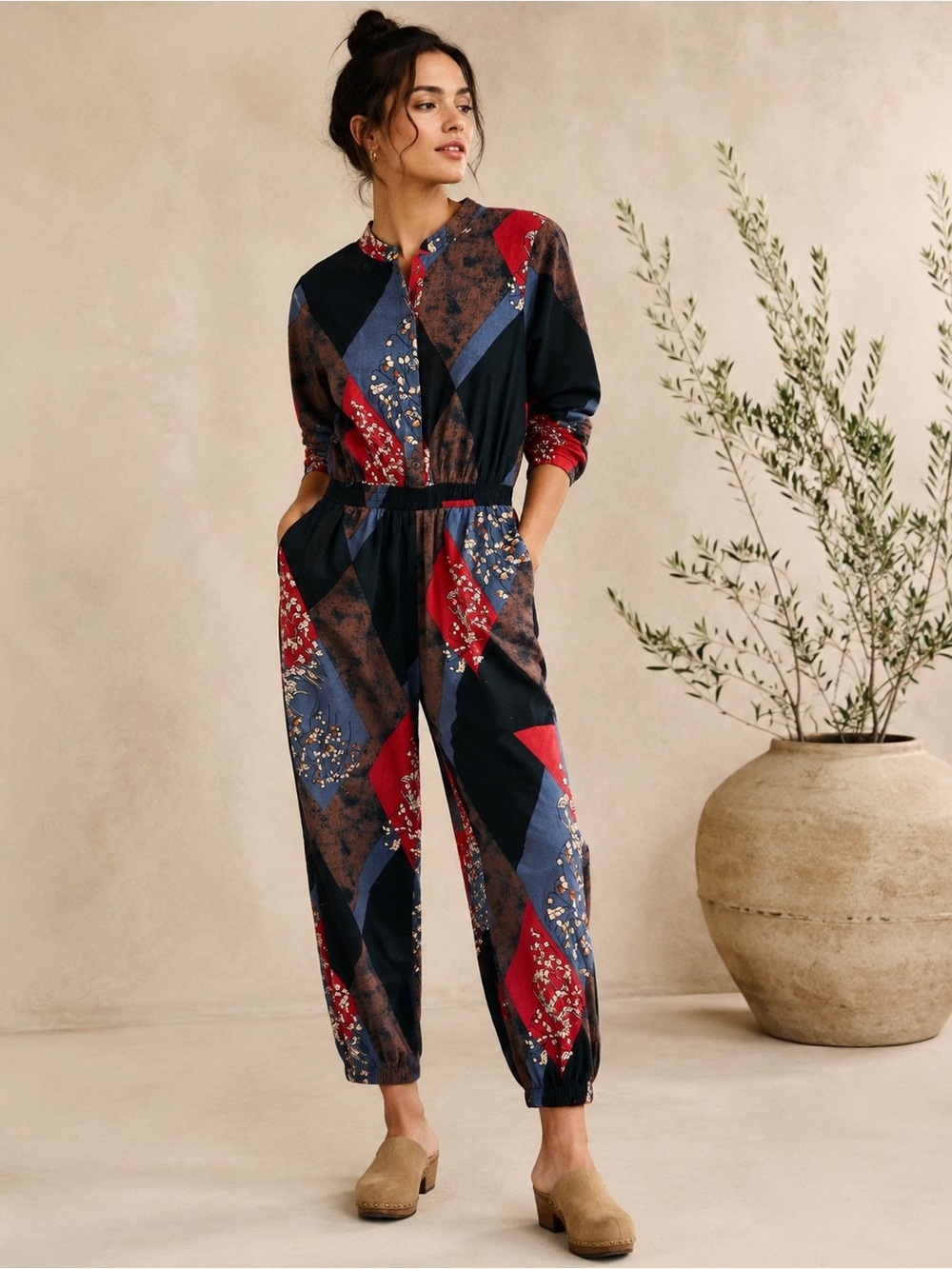 Emery Rose Geometric Floral Print Jogger Jumpsuit Small Boho Cotton One Piece